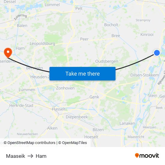 Maaseik to Ham map