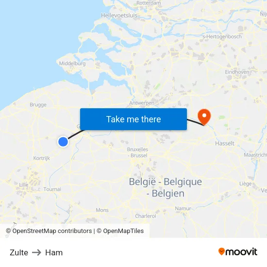 Zulte to Ham map