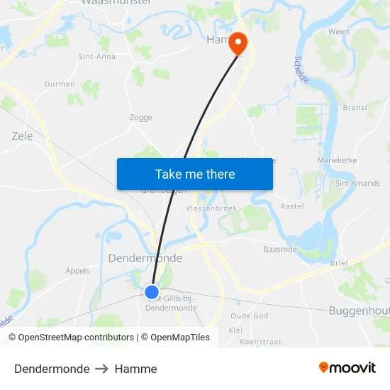 Dendermonde to Hamme map