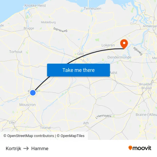 Kortrijk to Hamme map