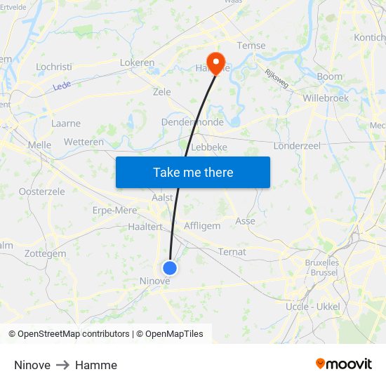 Ninove to Hamme map