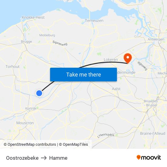 Oostrozebeke to Hamme map