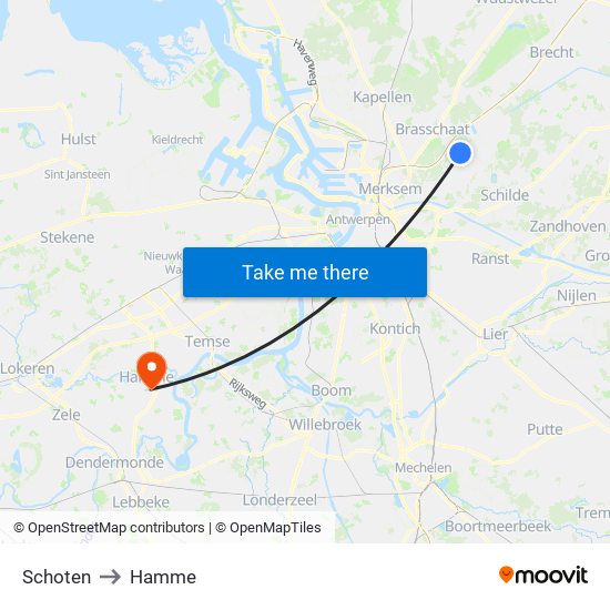 Schoten to Hamme map