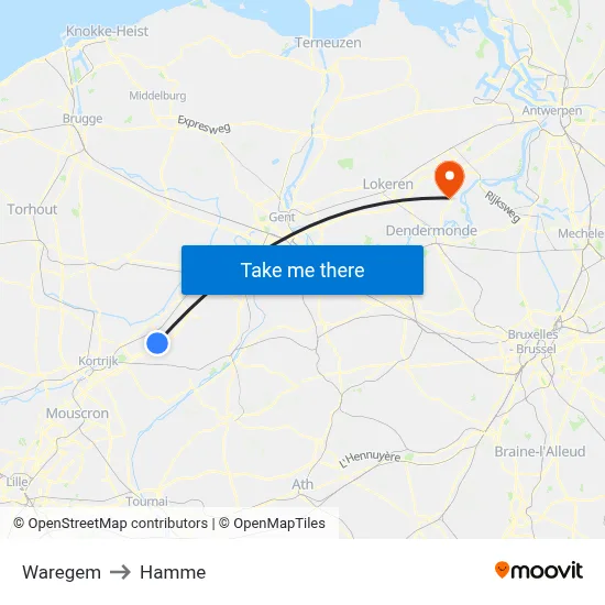 Waregem to Hamme map