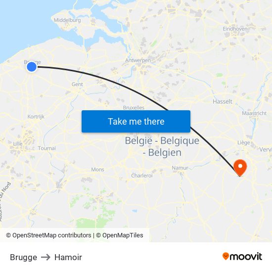 Brugge to Hamoir map