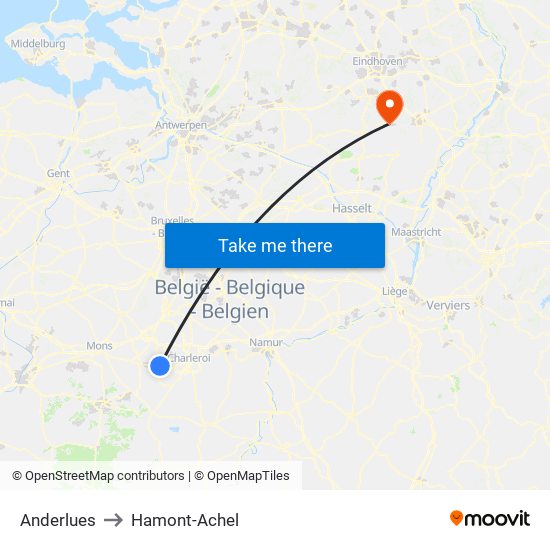 Anderlues to Hamont-Achel map