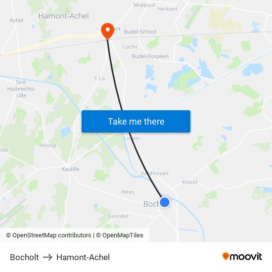 Bocholt to Hamont-Achel map