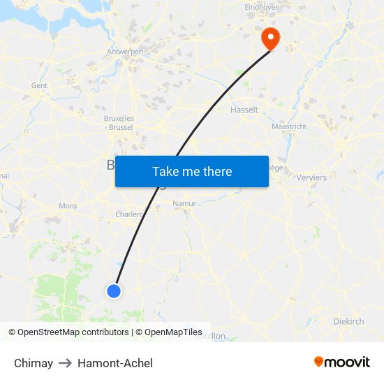 Chimay to Hamont-Achel map