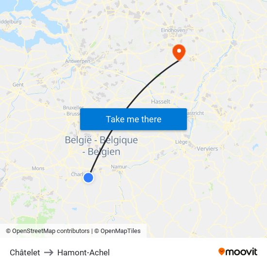 Châtelet to Hamont-Achel map