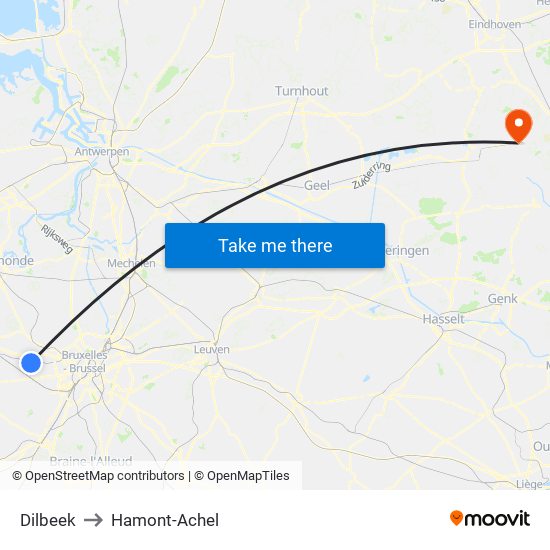 Dilbeek to Hamont-Achel map