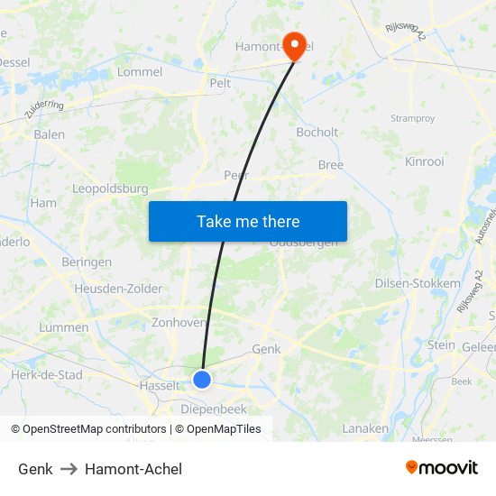 Genk to Hamont-Achel map