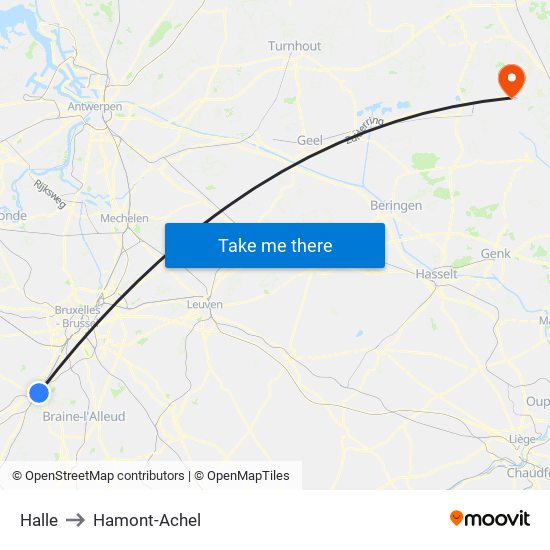 Halle to Hamont-Achel map