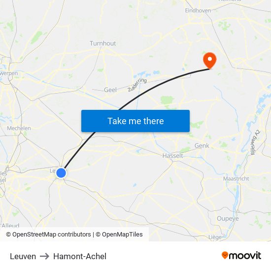 Leuven to Hamont-Achel map