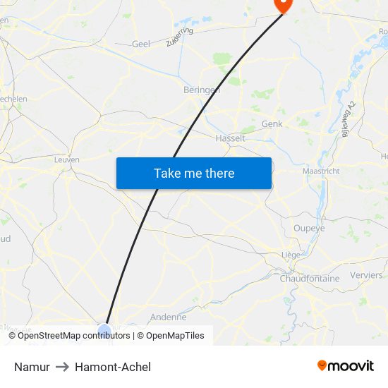 Namur to Hamont-Achel map