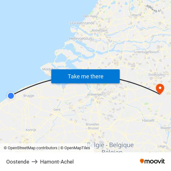 Oostende to Hamont-Achel map
