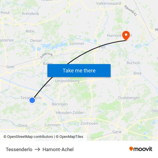 Tessenderlo to Hamont-Achel map