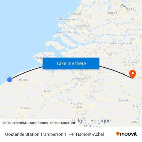 Oostende Station Tramperron 1 to Hamont-Achel map