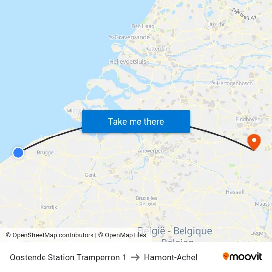 Oostende Station Tramperron 1 to Hamont-Achel map