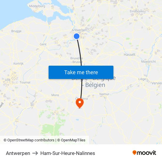 Antwerpen to Ham-Sur-Heure-Nalinnes map