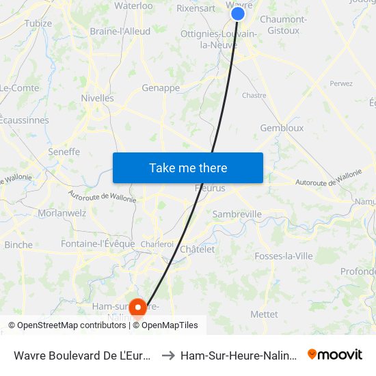 Wavre Boulevard De L'Europe to Ham-Sur-Heure-Nalinnes map