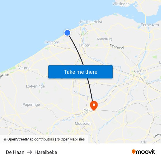 De Haan to Harelbeke map