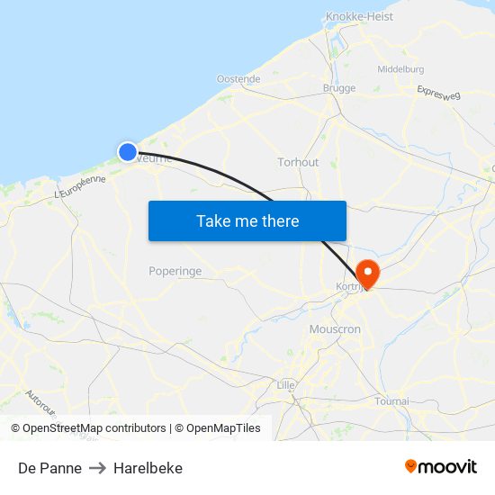 De Panne to Harelbeke map