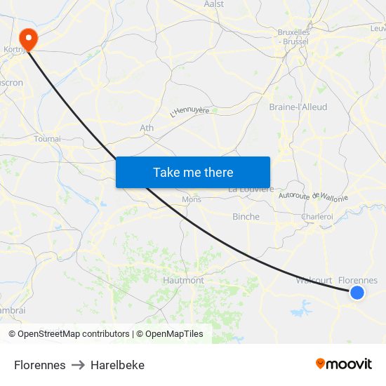 Florennes to Harelbeke map