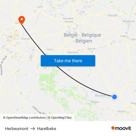 Herbeumont to Harelbeke map