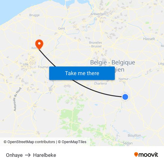 Onhaye to Harelbeke map