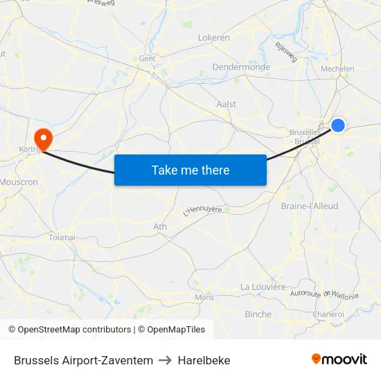 Brussels Airport-Zaventem to Harelbeke map