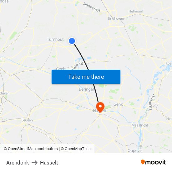 Arendonk to Hasselt map