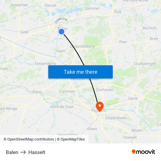 Balen to Hasselt map