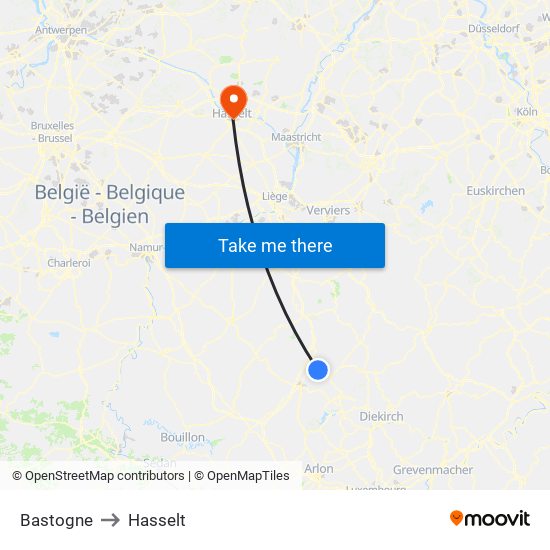 Bastogne to Hasselt map