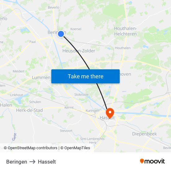Beringen to Hasselt map