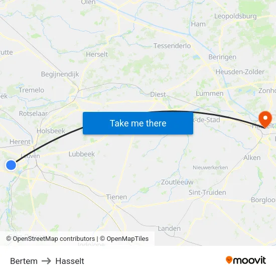 Bertem to Hasselt map
