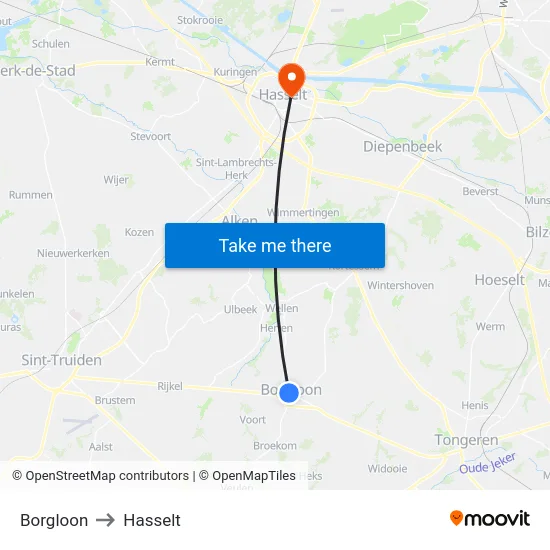Borgloon to Hasselt map