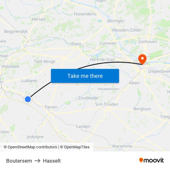 Boutersem to Hasselt map