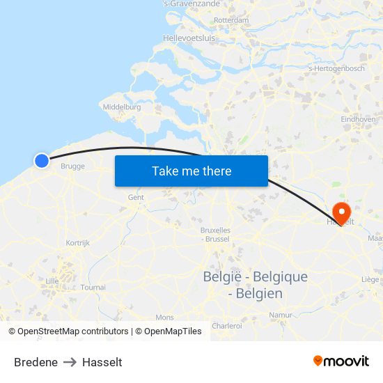 Bredene to Hasselt map