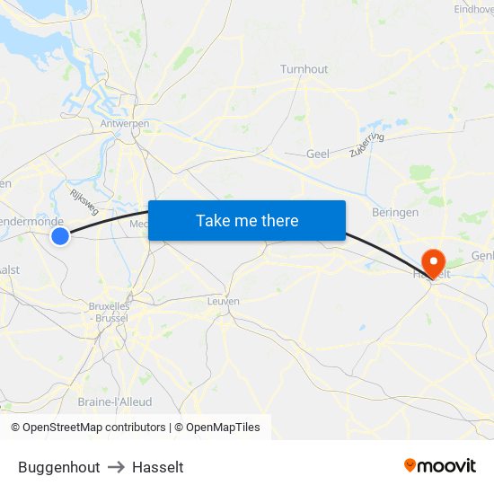 Buggenhout to Hasselt map