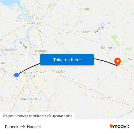 Dilbeek to Hasselt map