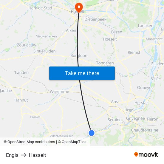 Engis to Hasselt map