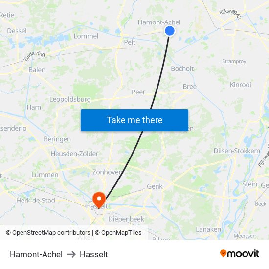 Hamont-Achel to Hasselt map