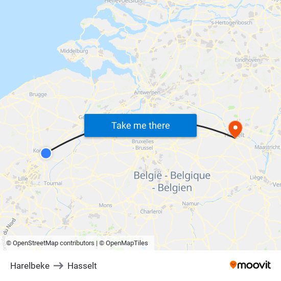 Harelbeke to Hasselt map