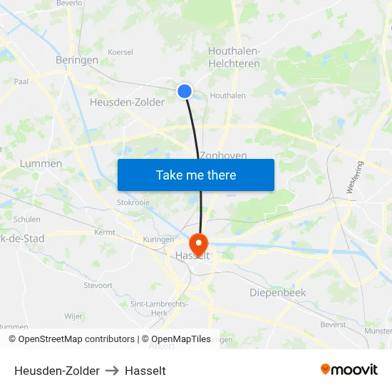 Heusden-Zolder to Hasselt map