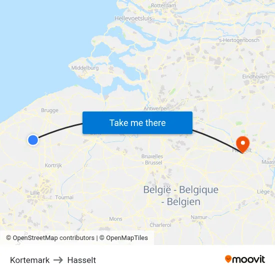 Kortemark to Hasselt map