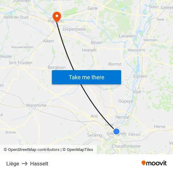 Liège to Hasselt map