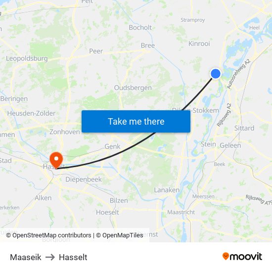 Maaseik to Hasselt map