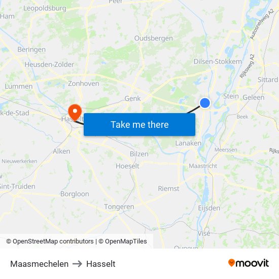 Maasmechelen to Hasselt map