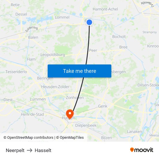 Neerpelt to Hasselt map