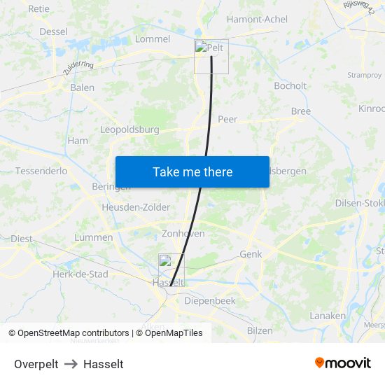 Overpelt to Hasselt map